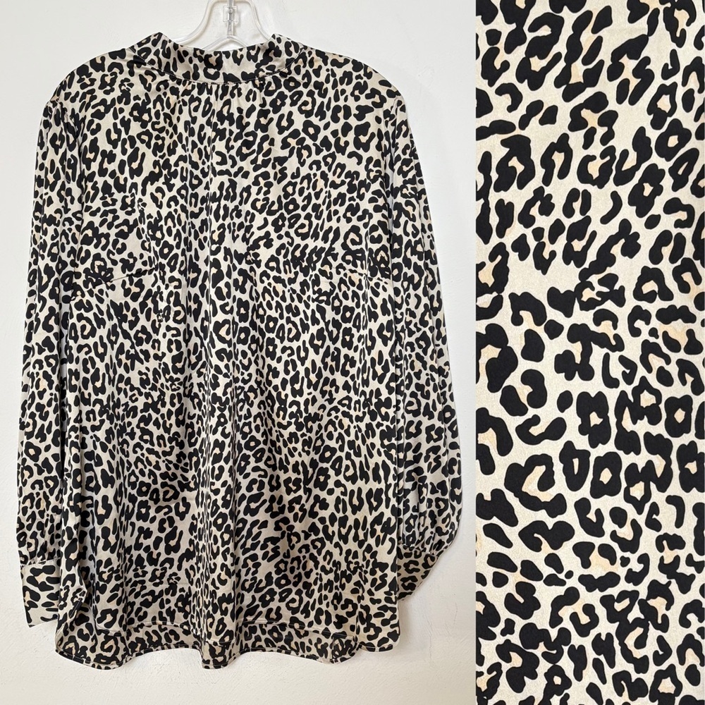 LOFT Leopard Print Silk Feel Silky Mock Neck Long Sleeve Blouse Top Shirt 16